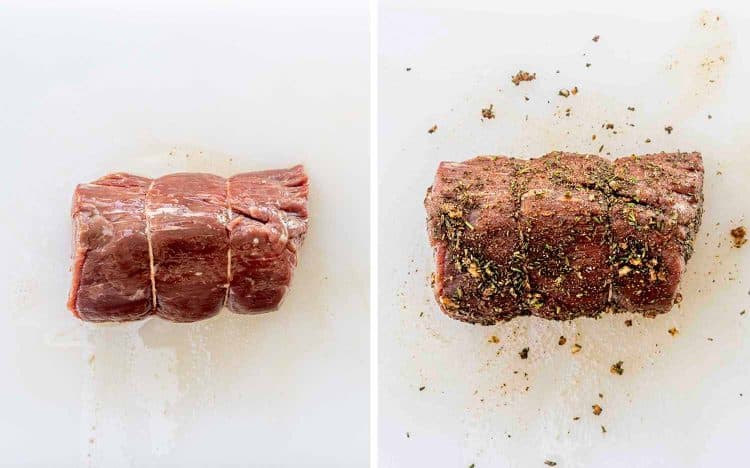 process shots showing how to make air fryer roast beef.