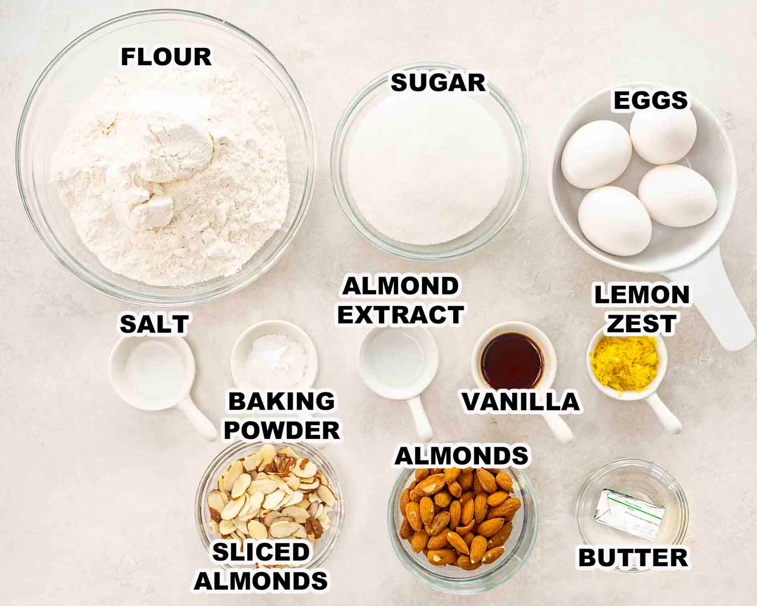 ingredients needed to make almond biscotti.