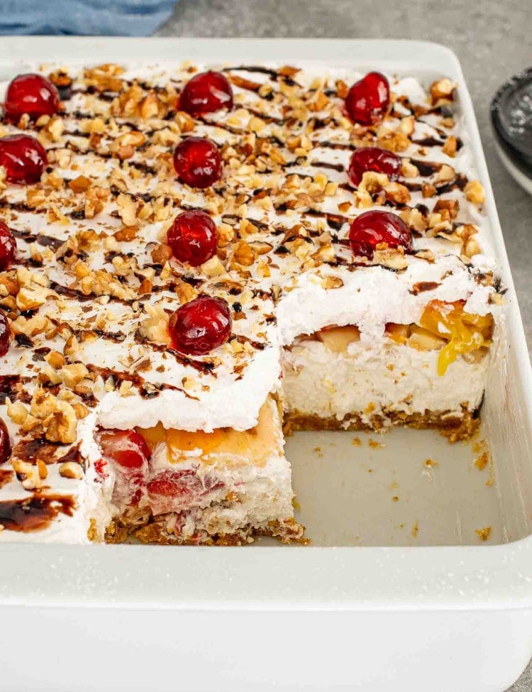 freshly made banana split cake in a 9x13 casserole dish.