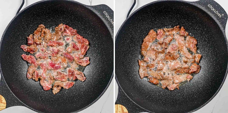 process shots showing how to make black pepper beef.