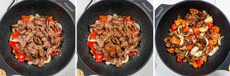 process shots showing how to make black pepper beef.