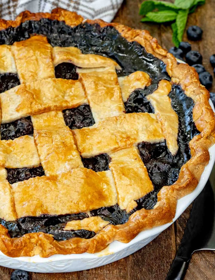 fresh out of the oven blueberry pie in a pie dish.
