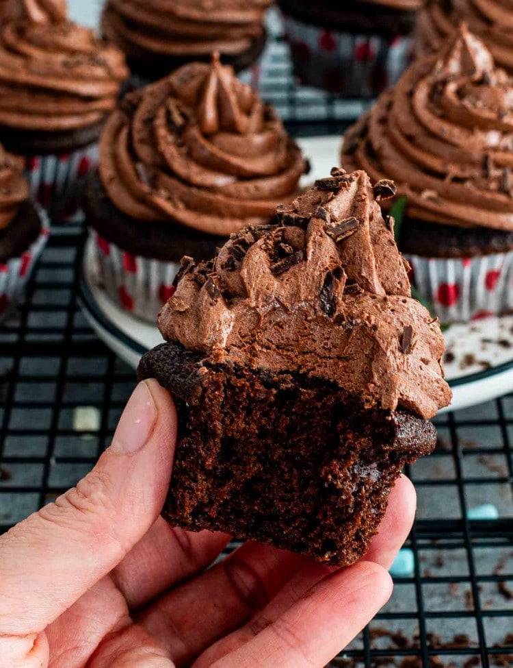 a hand holding a half eaten chocolate cupcake.
