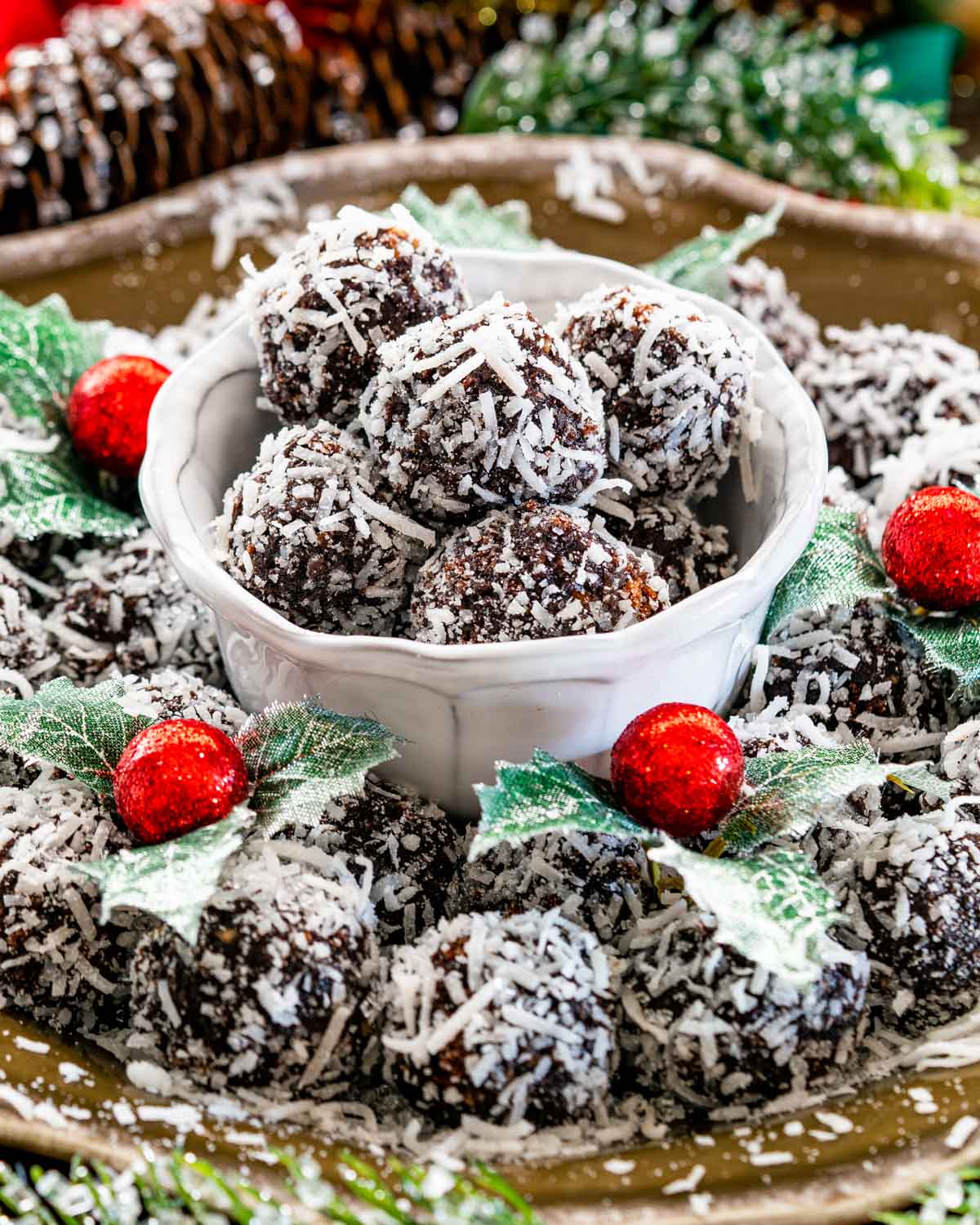 chocolate rumballs arranged nicely on a serving platter.
