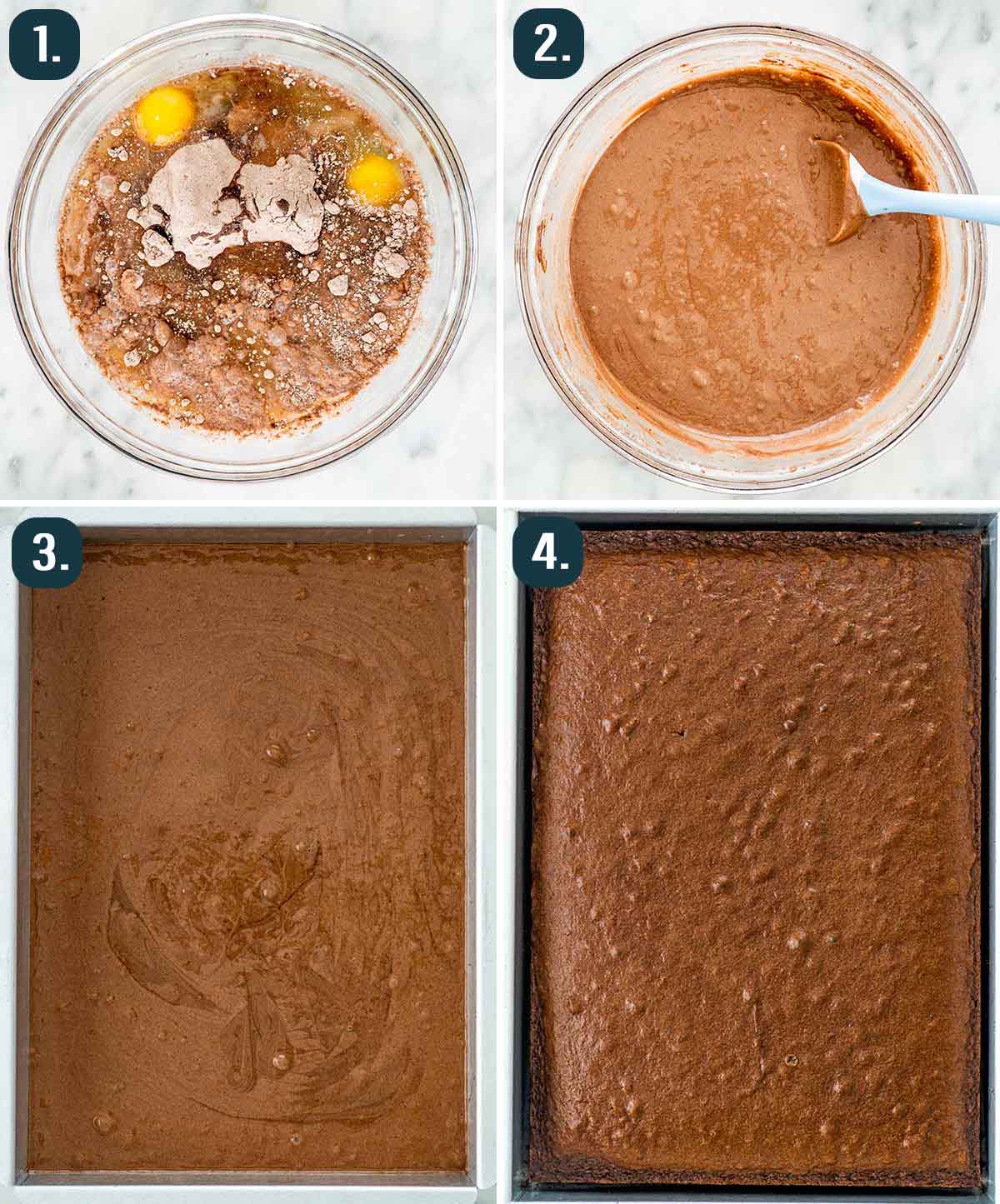 process shots showing how to make chocolate cake.