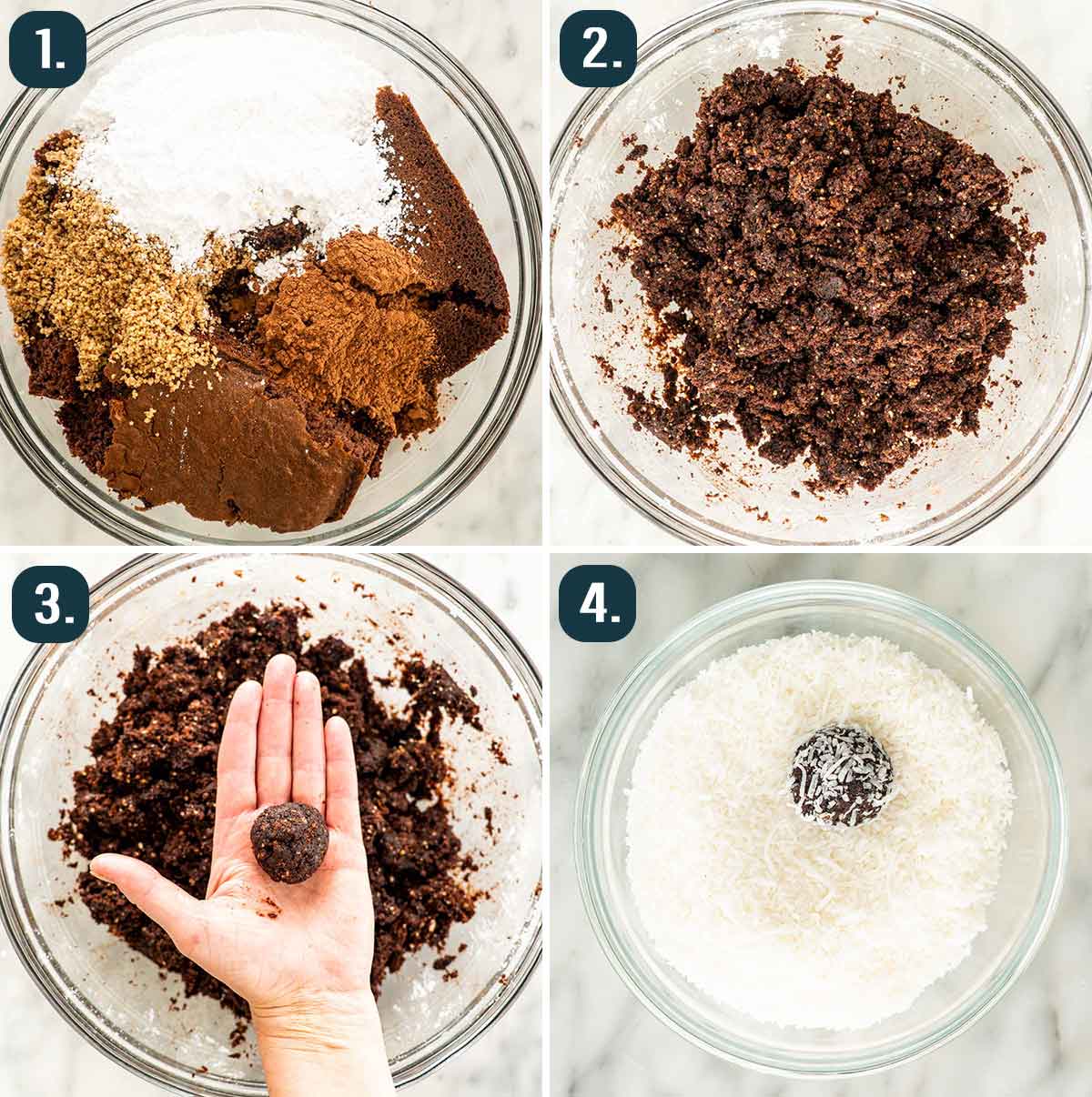 detailed process shots showing how to make and form chocolate rumballs.