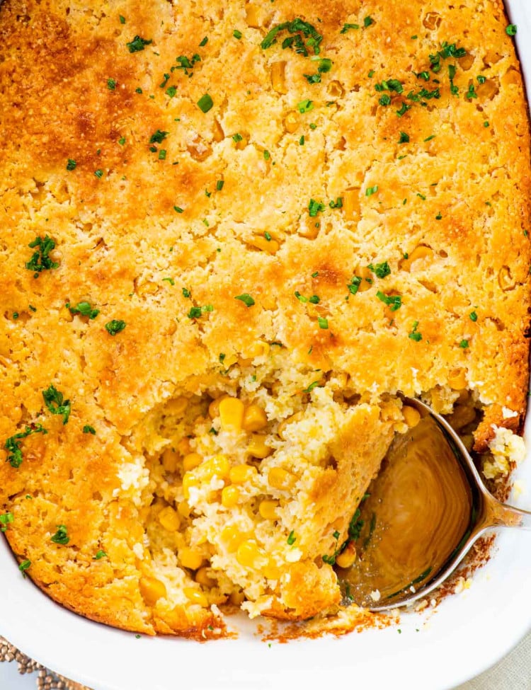 overhead corn casserole in a casserole dish.