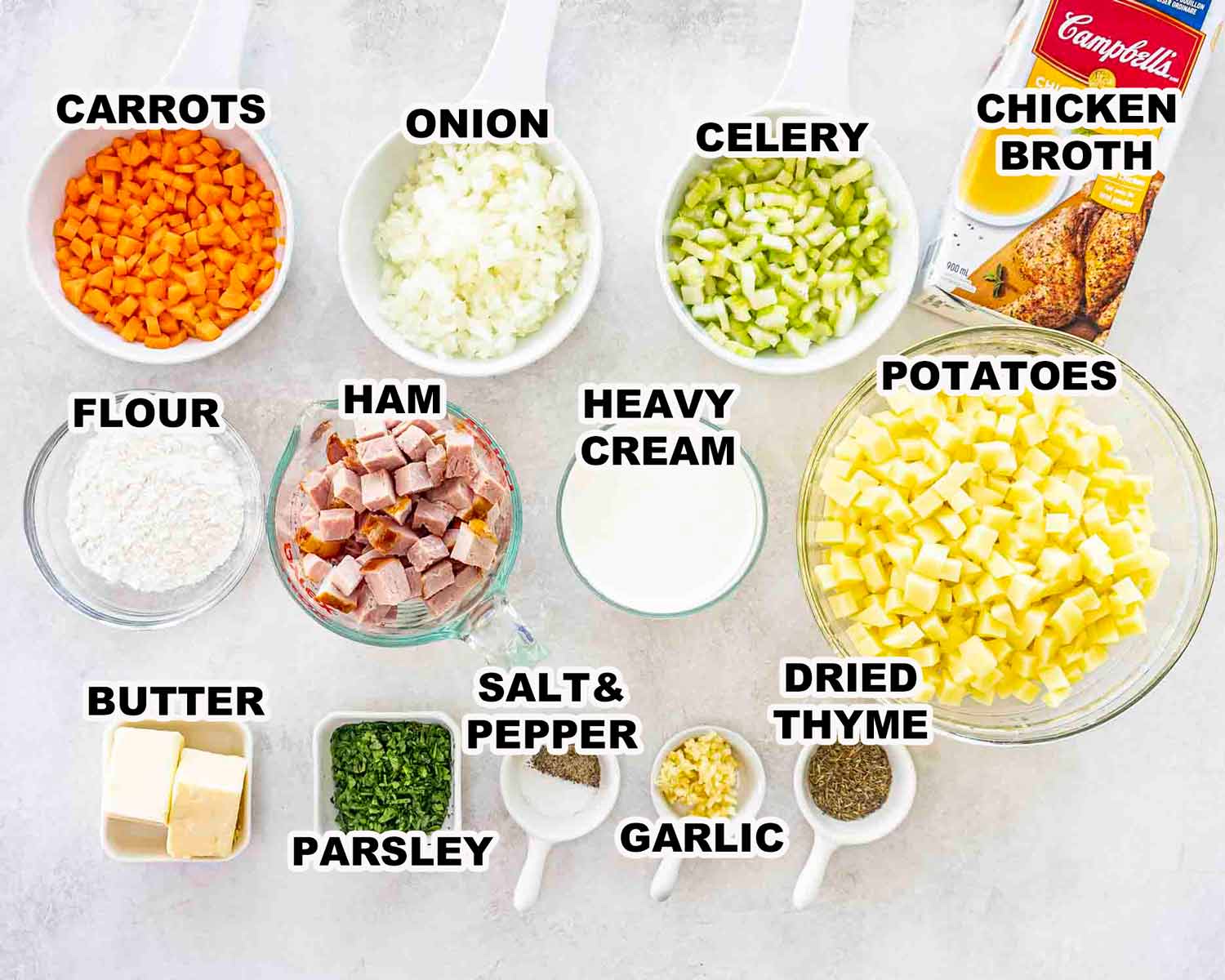 ingredients needed to make ham and potato soup.