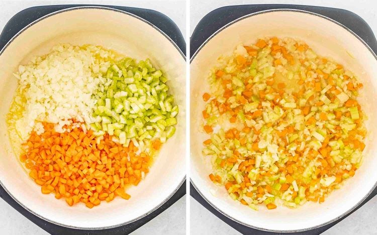 process shots showing how to make ham and potato soup.