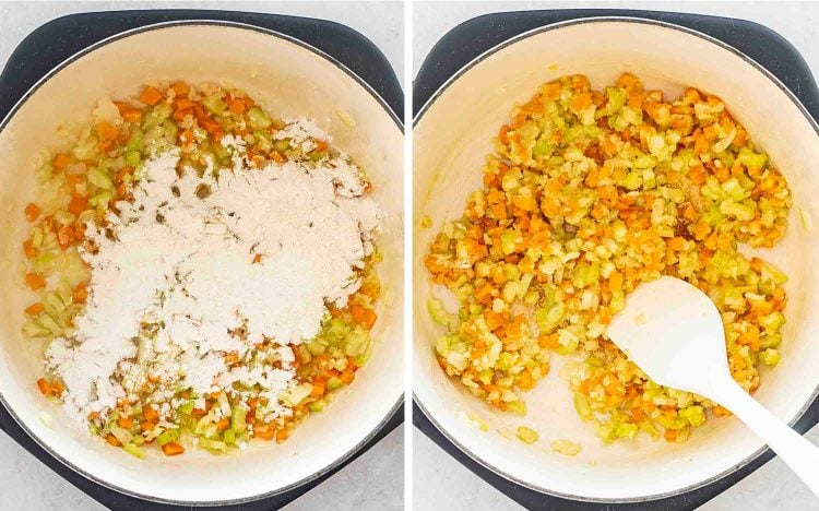 process shots showing how to make ham and potato soup.