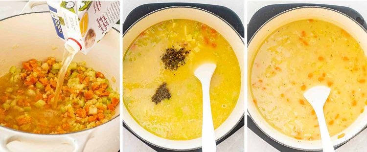 process shots showing how to make ham and potato soup.