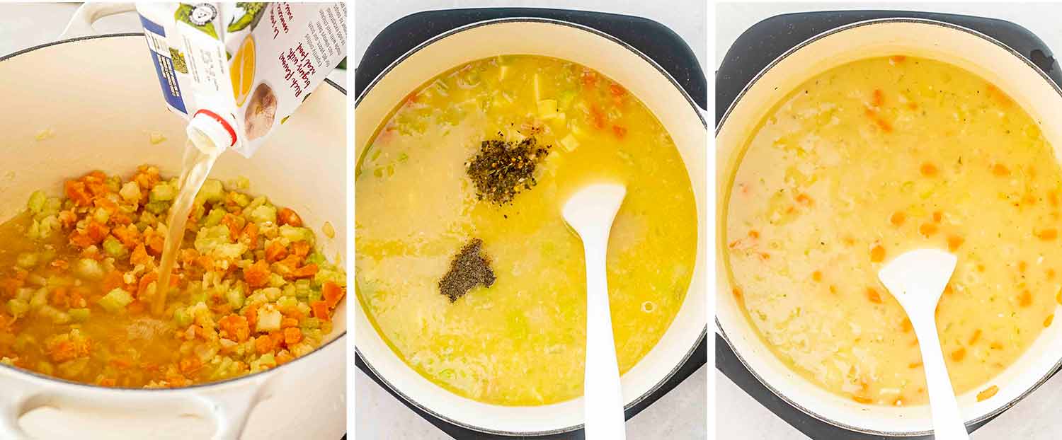 process shots showing how to make ham and potato soup.