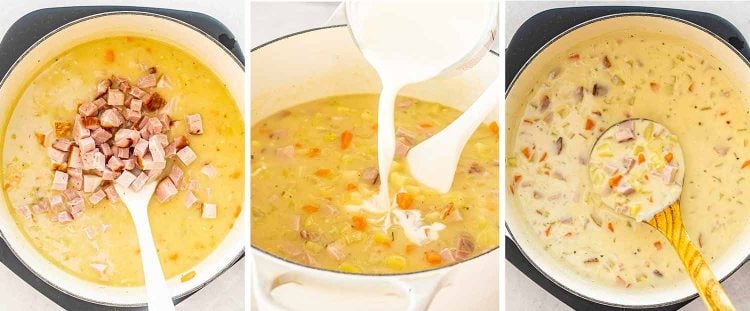 process shots showing how to make ham and potato soup.
