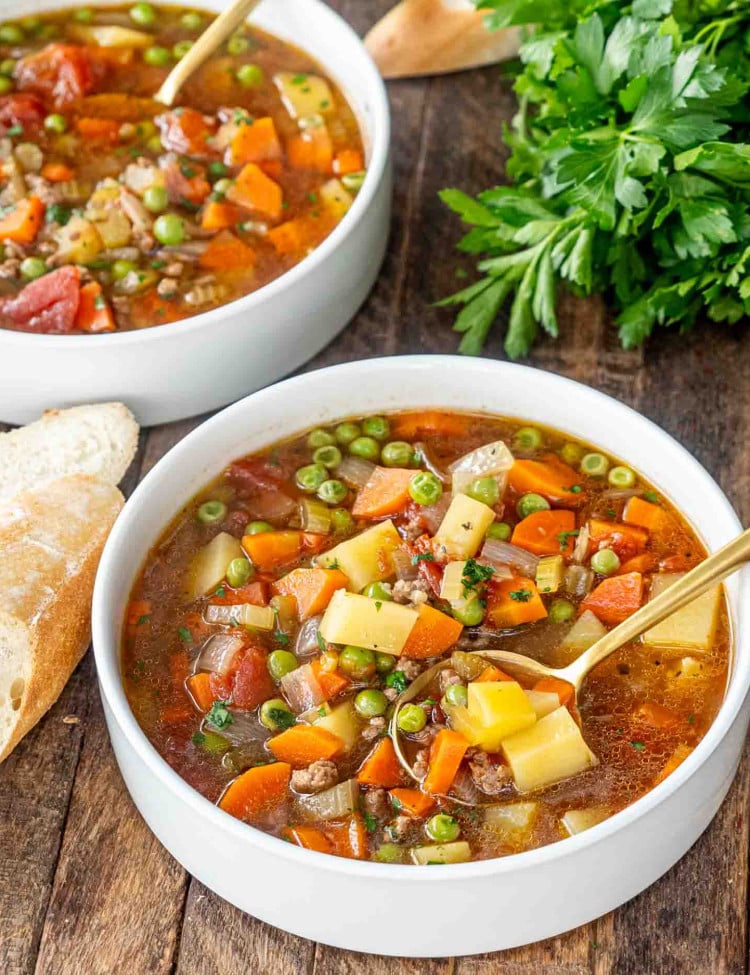 a white bowl with hamburger soup.