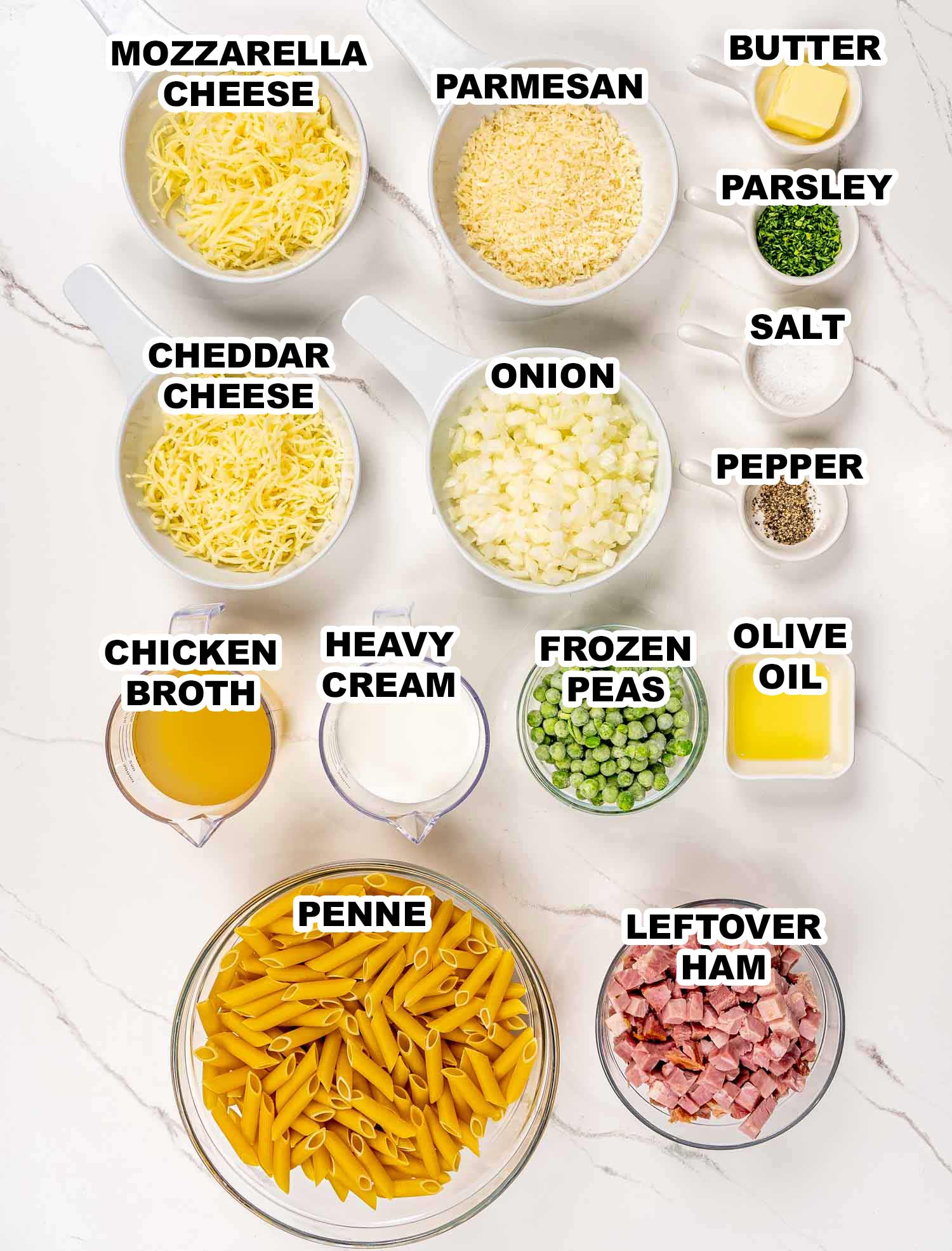 ingredients needed to make leftover ham and cheese penne.