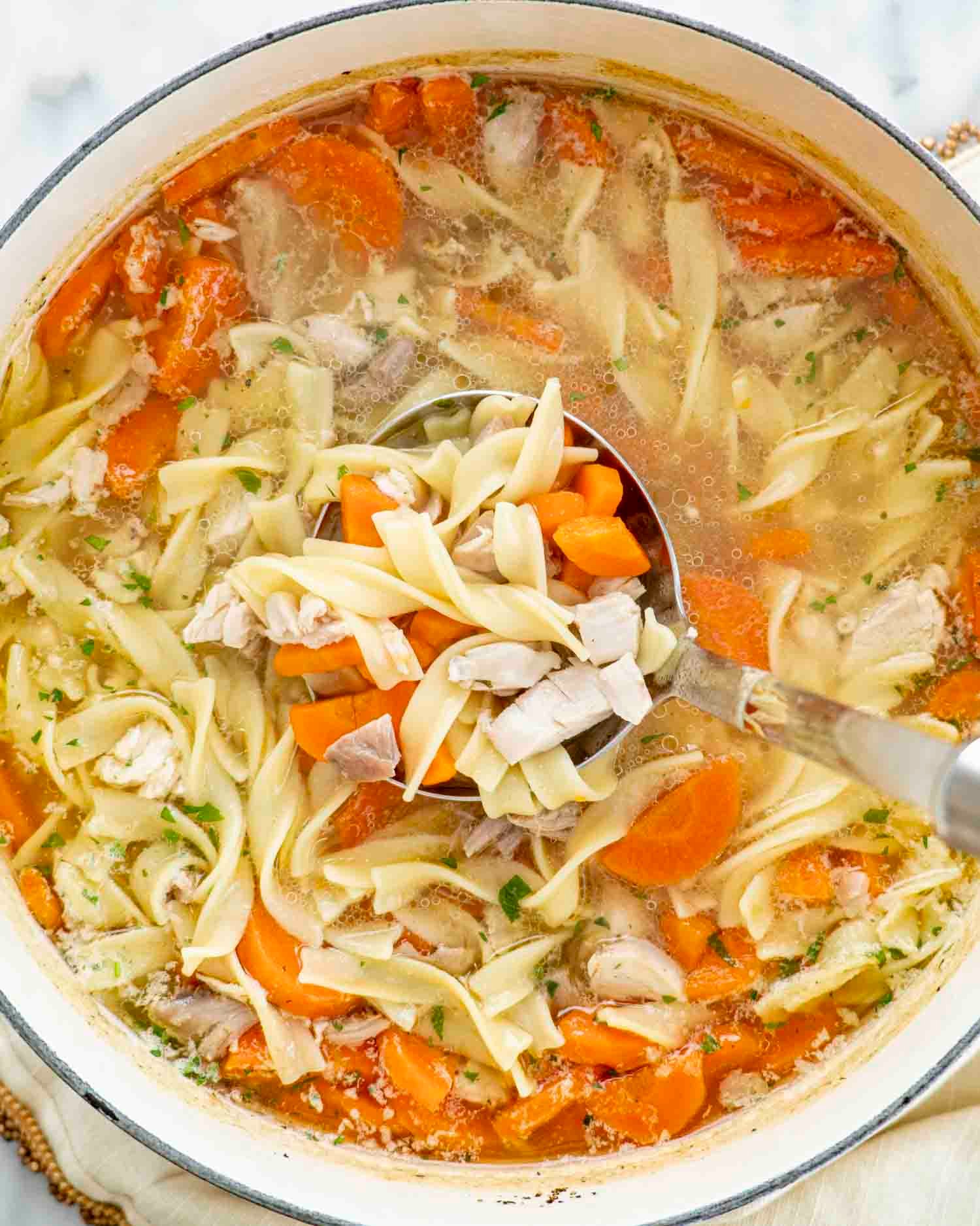 freshly made turkey noodle soup in a dutch oven.