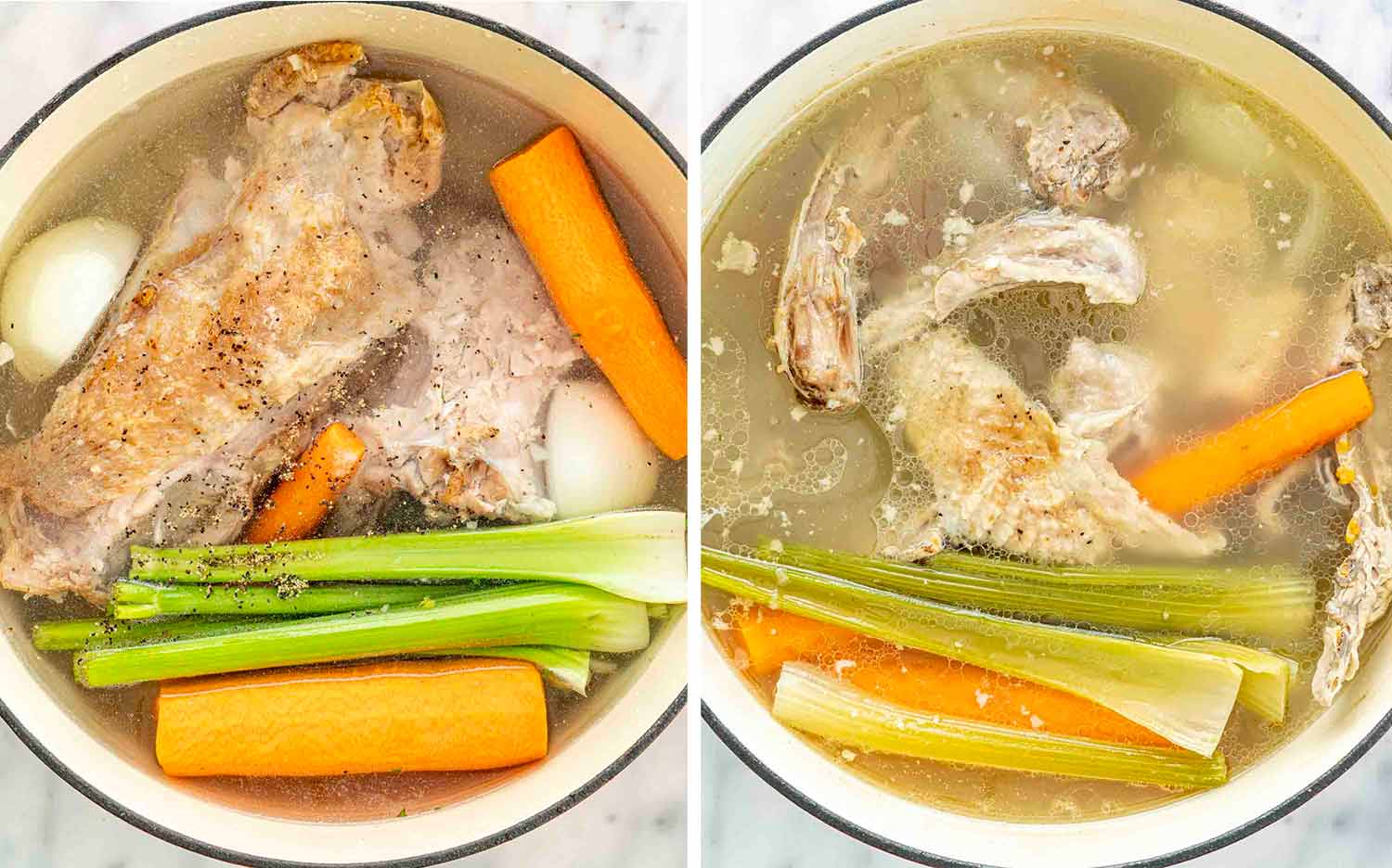 process shots showing how to make leftover turkey noodle soup.