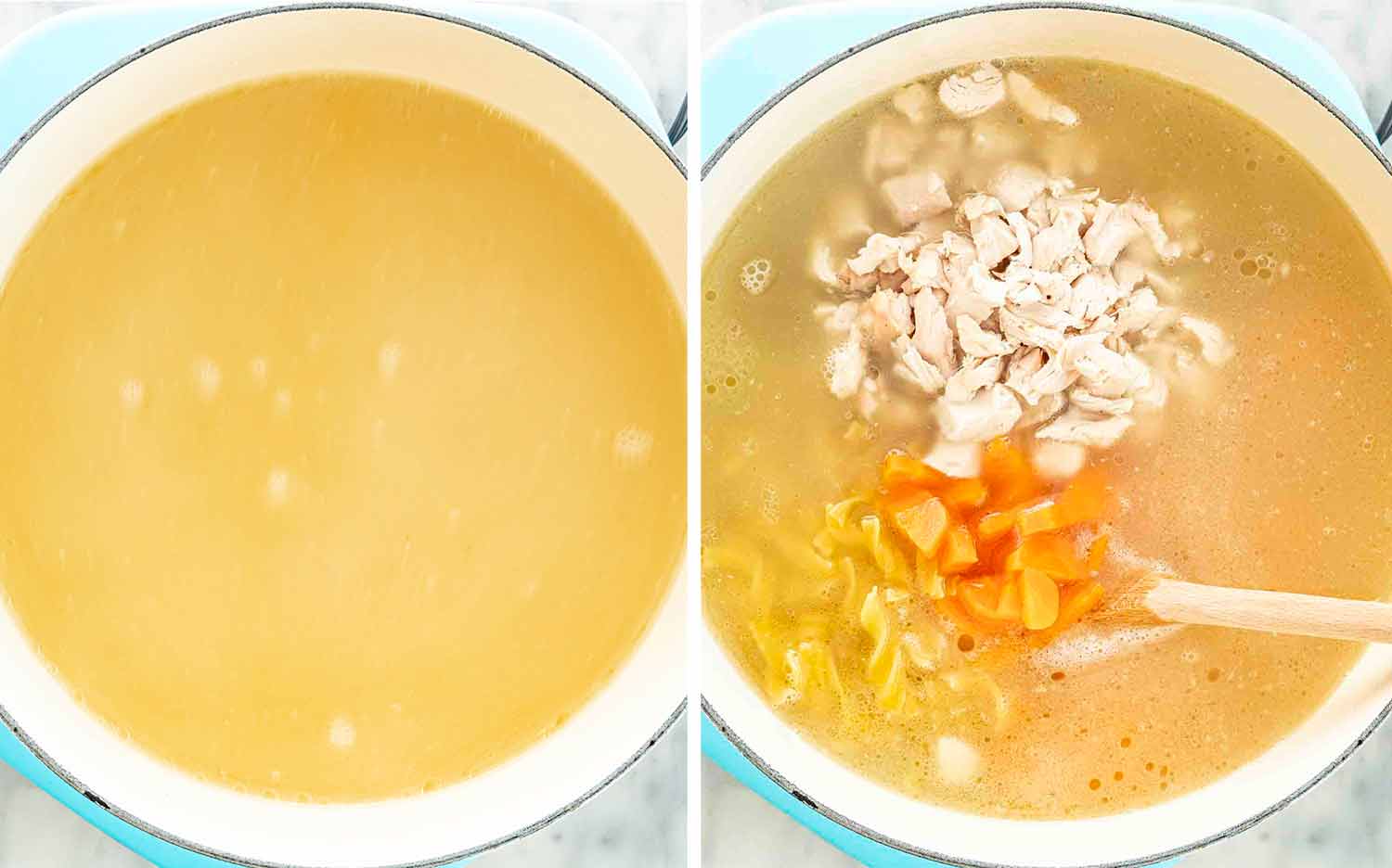 process shots showing how to make leftover turkey noodle soup.