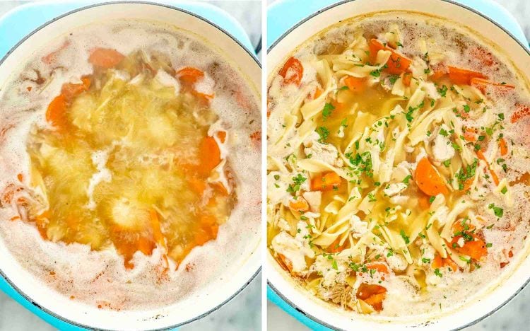 process shots showing how to make leftover turkey noodle soup.