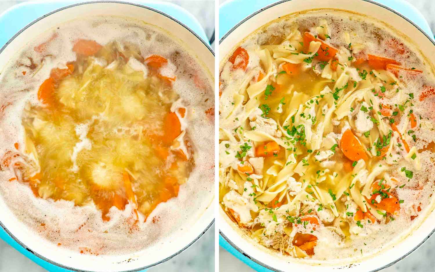 process shots showing how to make leftover turkey noodle soup.