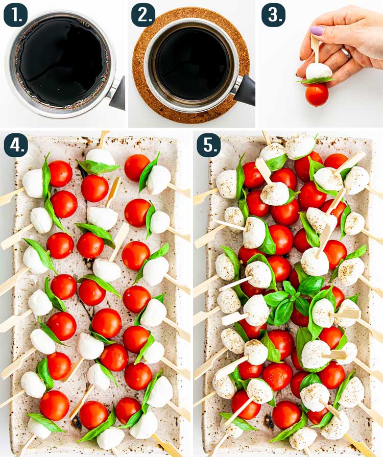 detailed process shots showing how to make caprese salad bites