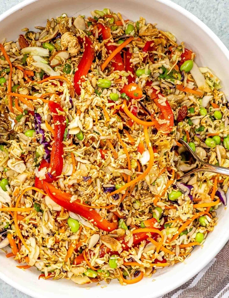 fresh ramen noodle salad in a big white bowl.