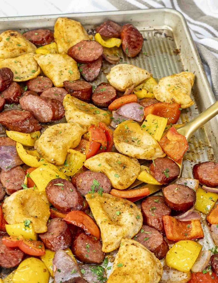 fresh out of the one sausage and pierogies on a sheet pan.